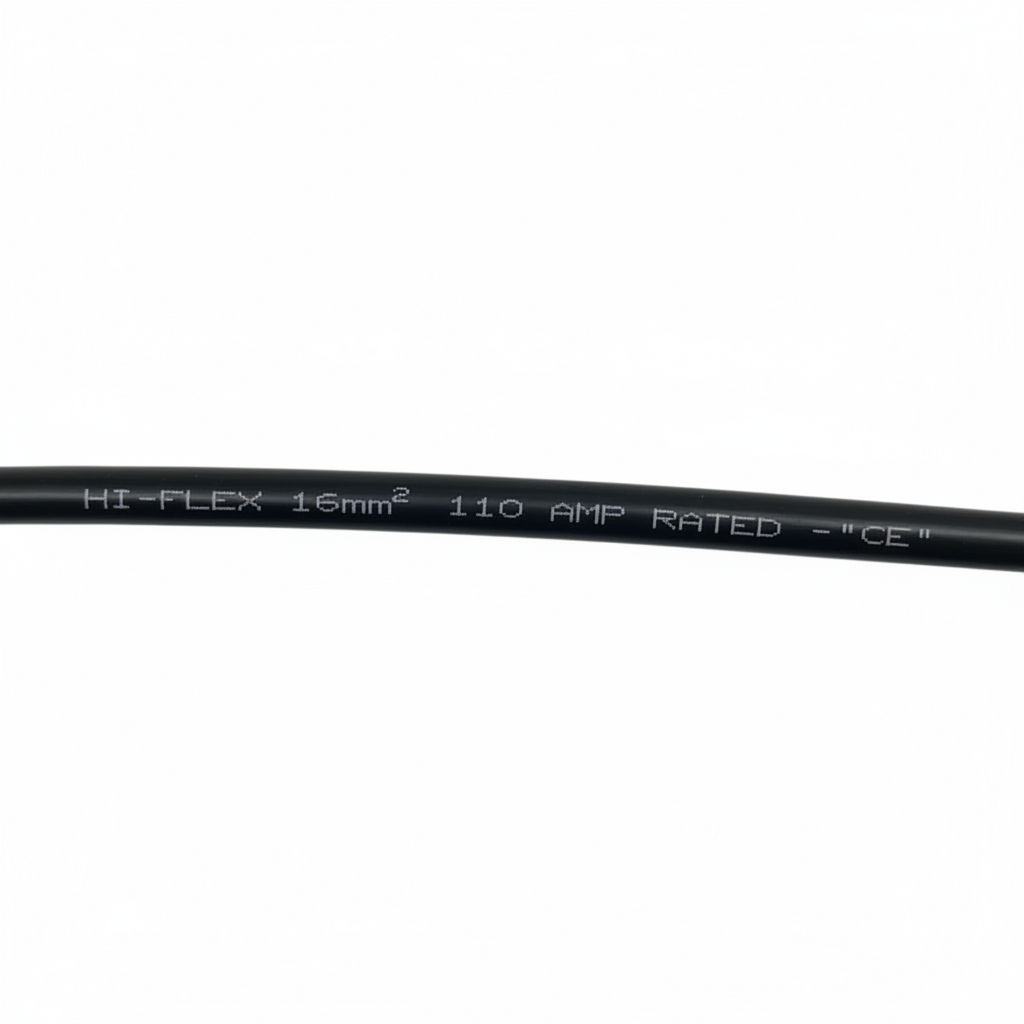 A close-up of a black cable with white printed text reading 'HI-FLEX 16mm² 110 AMP RATED -CE' on a plain white background.