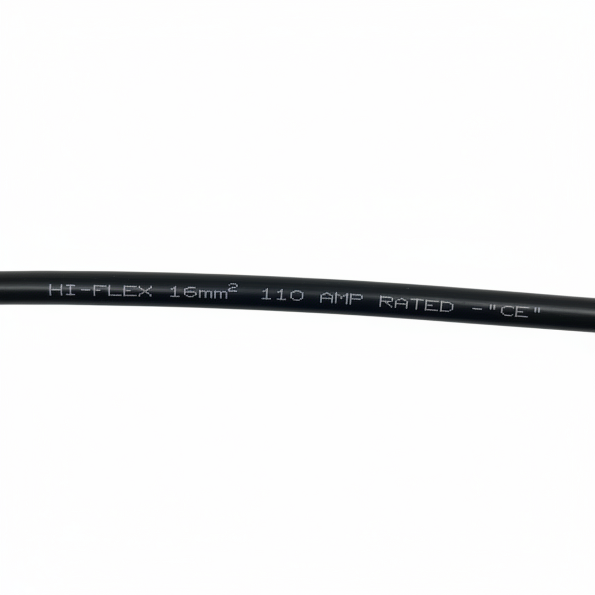 A close-up of a black cable with white printed text reading 'HI-FLEX 16mm² 110 AMP RATED -CE' on a plain white background.