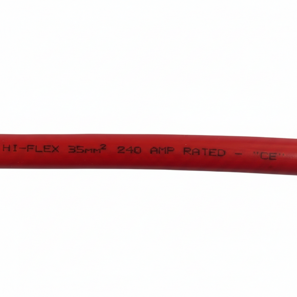 A close-up of a red high-flex electrical cable with black printed text reading 'HI-FLEX 35MM2 240 AMP RATED - CE' on a solid white background.