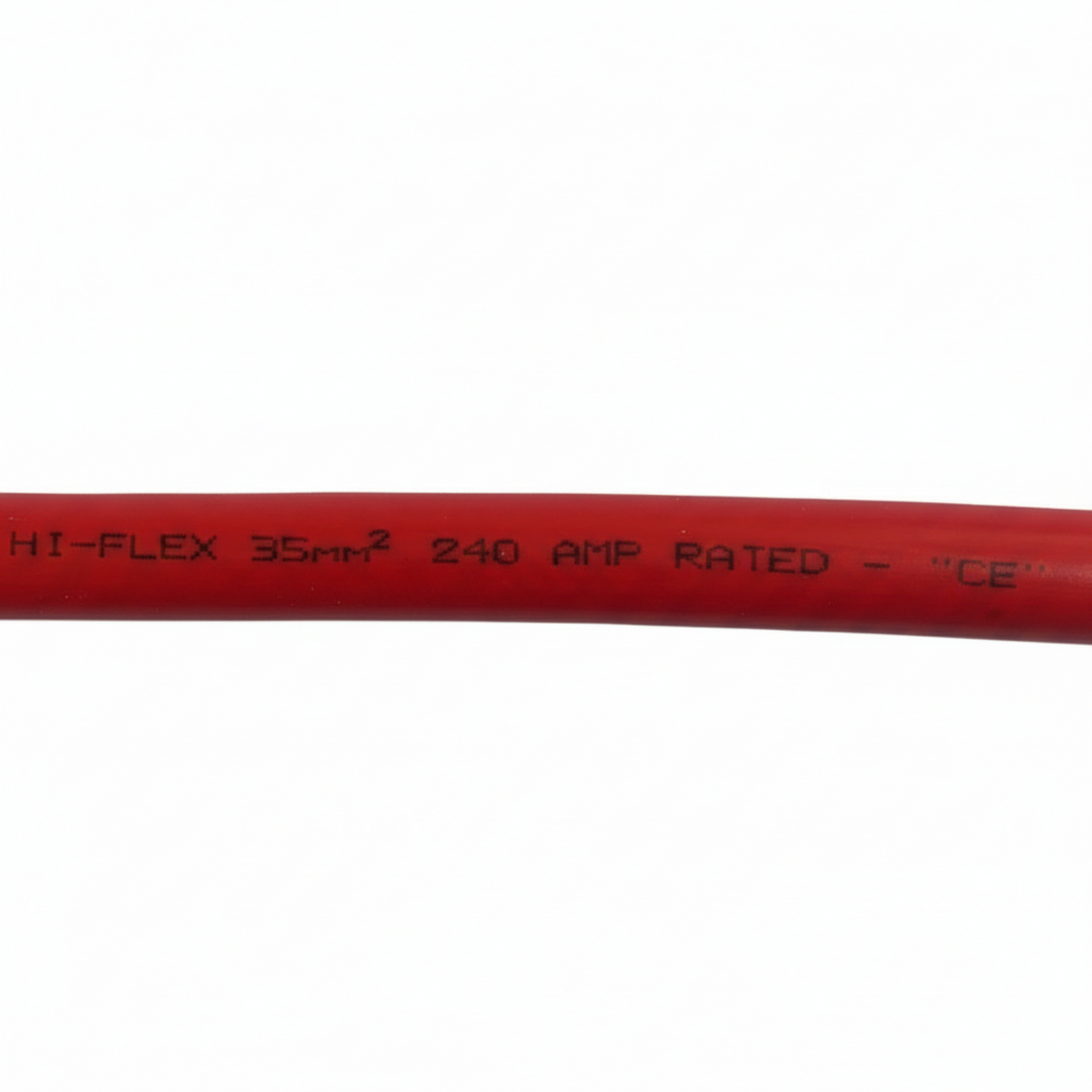 A close-up of a red high-flex electrical cable with black printed text reading 'HI-FLEX 35MM2 240 AMP RATED - CE' on a solid white background.