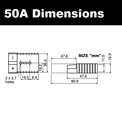 50A dimensions approx 36.5mm width