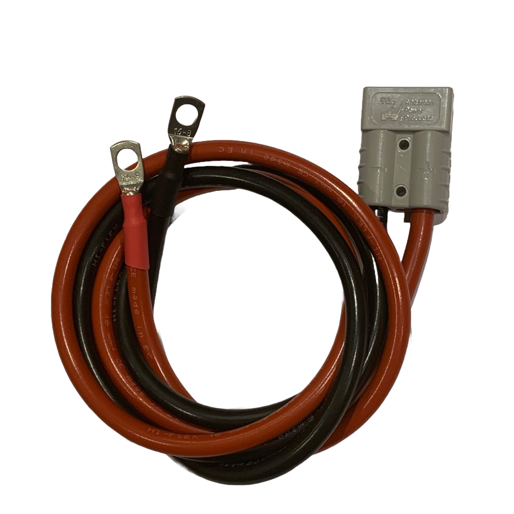 50A Grey Connector with coiled red and black cable with metal terminal rings