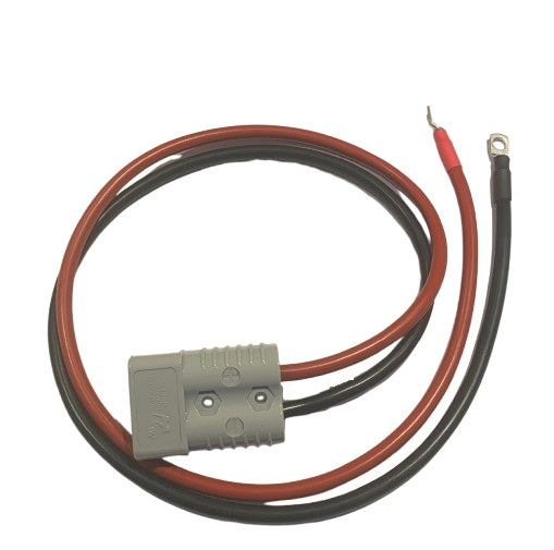 Grey 175A anderson connector on red and black cable with ring terminals on the other end