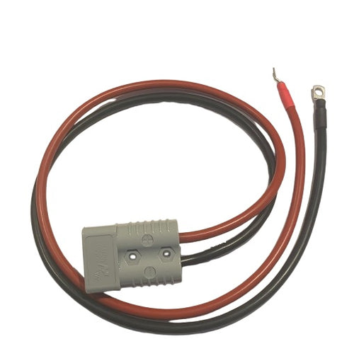 Grey 175A anderson connector on red and black cable with ring terminals on the other end