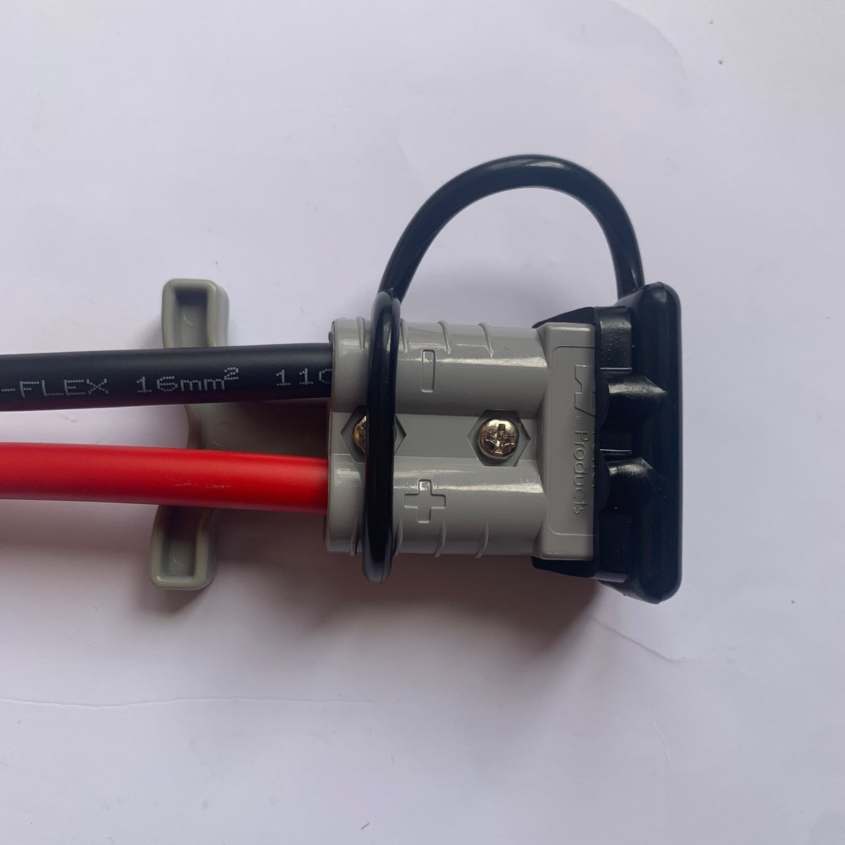Grey 50A connector with black cover end cap and grey pull handle fitted