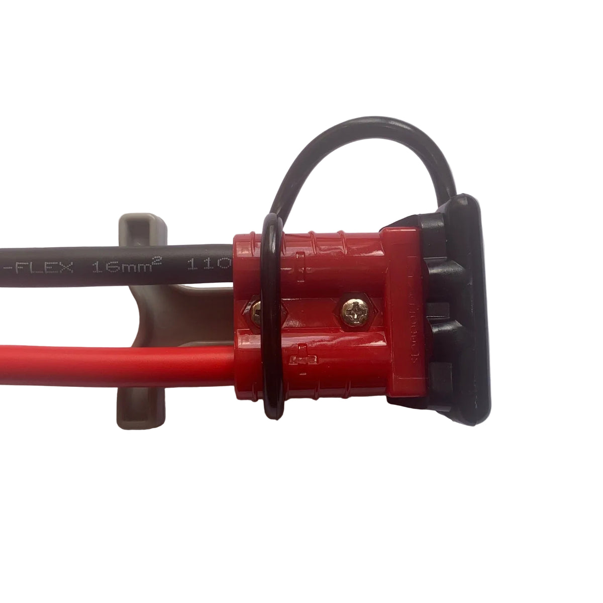 Red 50A connector with grey pull handle and black end cap cover