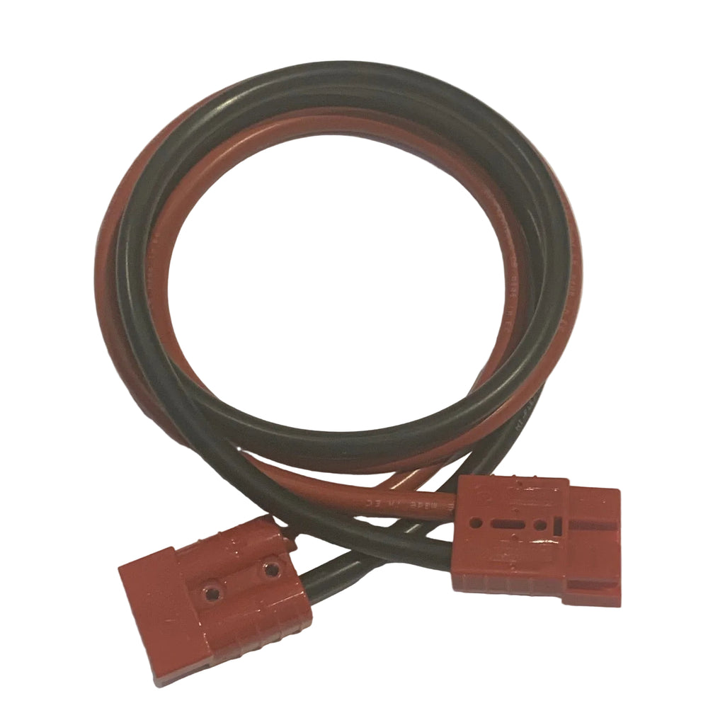 A coiled black and red cable with red connectors on both ends, photographed on a plain white background.