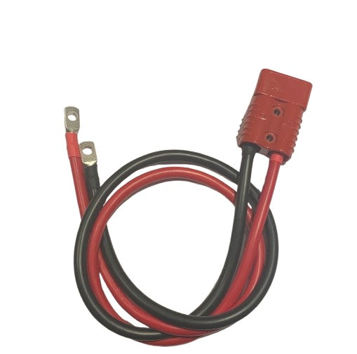 A red 50A connector coiled red and black cable with metal terminal rings on one end and a red connector housing on the other.